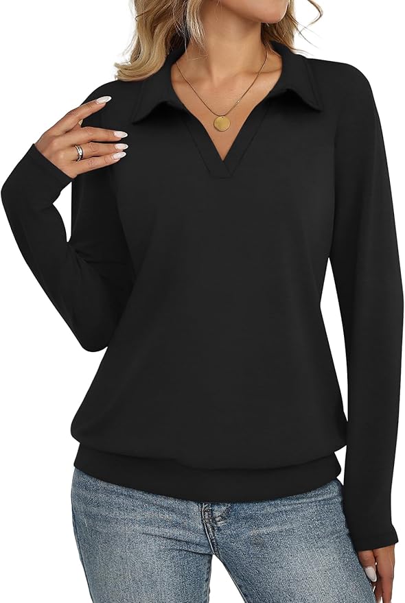 Womens Polo Shirts Long Sleeve Banded Bottom Tops Business Casual Tops Collared V Neck Blouses