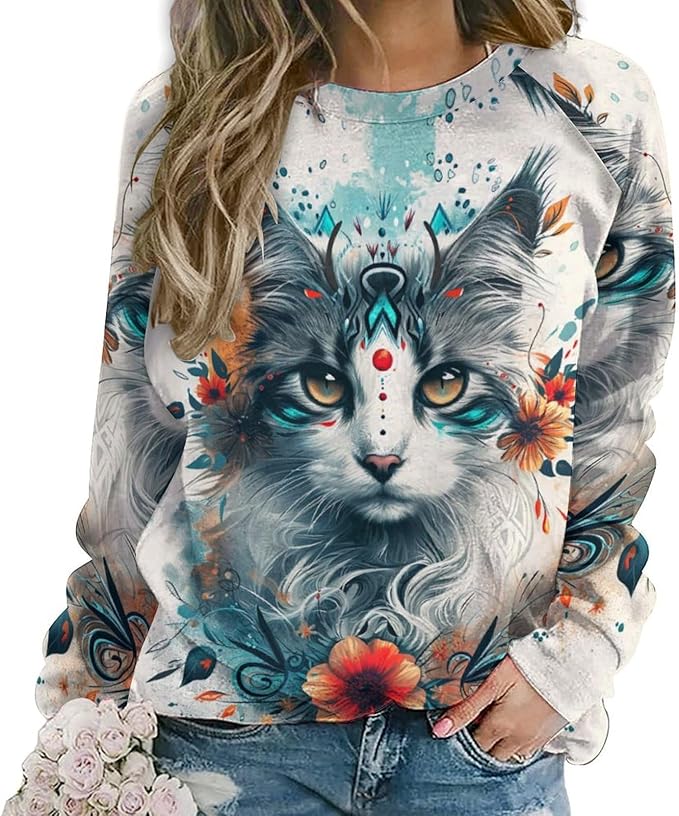 Spatofa Womens novelty funny cat printed crewneck sweatshirt casual loose long sleeve graphic pullover sweatshirts tops