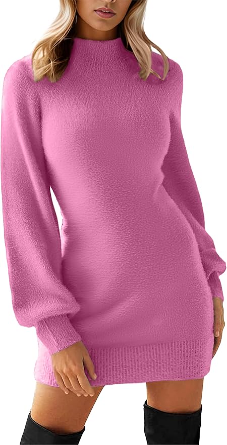 GRECERELLE 2026 Women's Mock Neck Ribbed Long Sleeve Bodycon Pullover Cute Mini Sweater Dress (XS-2XL)
