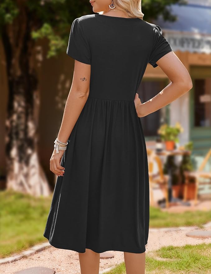 HOTOUCH Women's Summer A-Line Midi Dresses 2026 Casual Floral Short Sleeve T-Shirt Dress Flowy Beach Sundress with Pockets