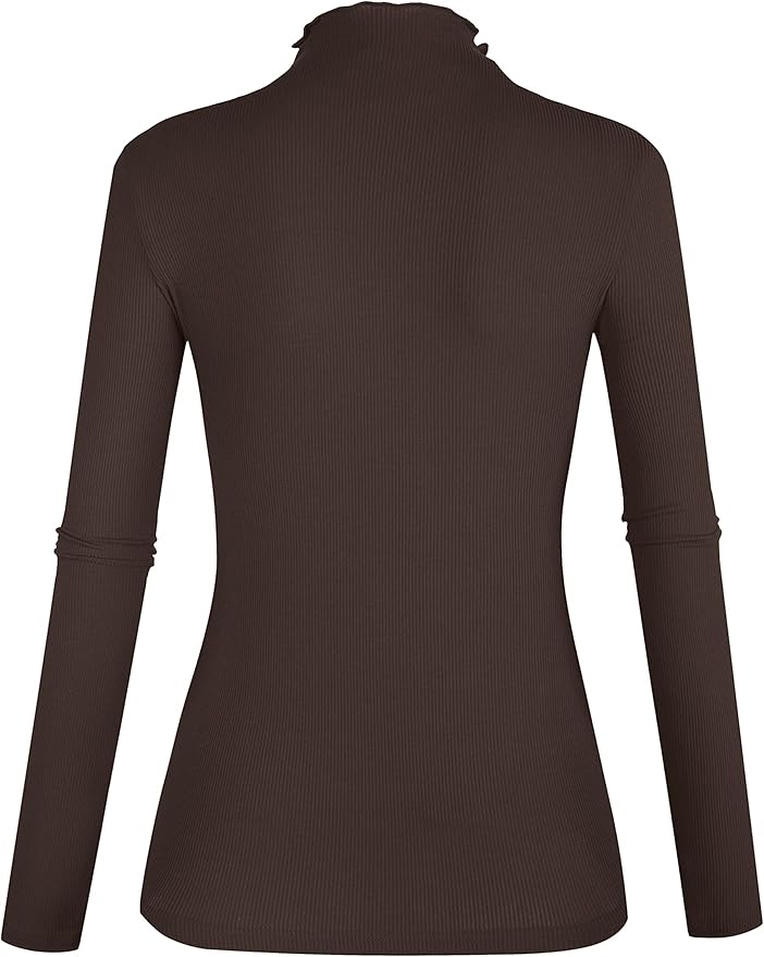 POPZONE Women's Lettuce Trim Mock Neck Long Sleeve Slim Fit Ribbed Knit Tee Shirt Tops