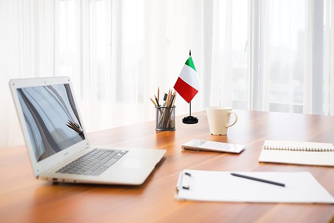USA American & Italy Italian Desk Flags, US Italy Table Flag, Small Mini Miniature Italian and US Desktop Flag With 13" Solid Black Pole, Black Base