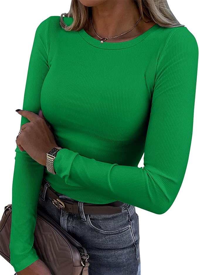 Roselux Womens Long Sleeve Stretch Crewneck Ribbed T-Shirt Fitted Casual Basic Tops