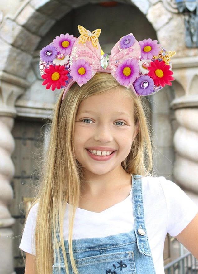 LIHELEI Mouse Ears Headband for Princess, Flower Mouse Ears for Princess Women Birthday Party Halloween Costume, Shiny Park Ears for Adult - Flower Headband