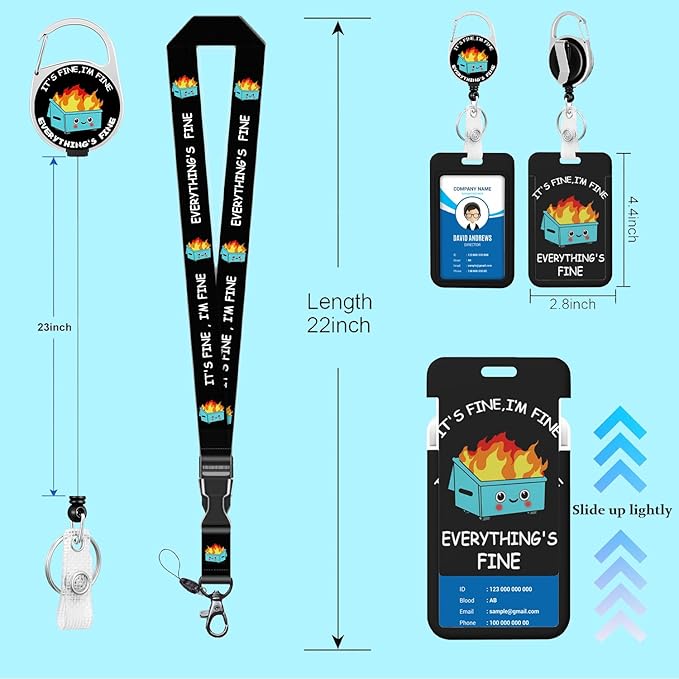 Blue Dumpster on Fire Badge Reels Retractable Heavy Duty, Funny ID Badge Holder with Detachable Lanyard, Carabiner Belt Clip, I'm Fine It`s Fine Everything is Fine