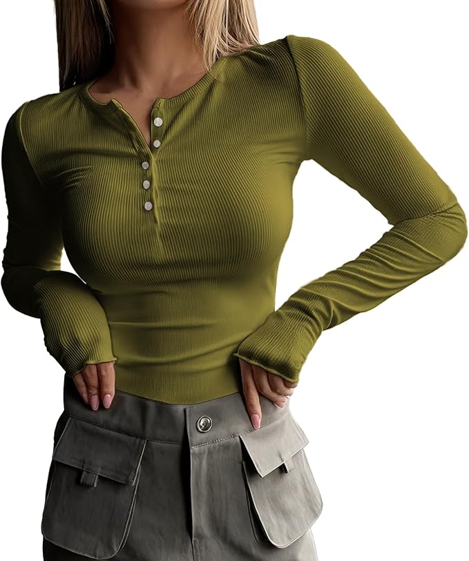 MARSVOVO Fashion Crop Tops for Women Scoop Neck Button Comfy Ribbed Slim Fit Cute Shirts Casual Party Fall Tops