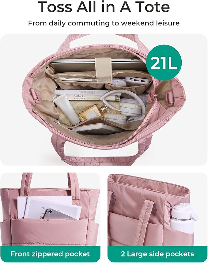 BAGSMART Tote Bag for Women, Lightweight Puffy Tote Bag with Compartments Shoulder Bag Handbag for Travel, Work, Gym | Lightweight, Puffy, Tote Bag with Compartments, Quilted, for Travel, Work