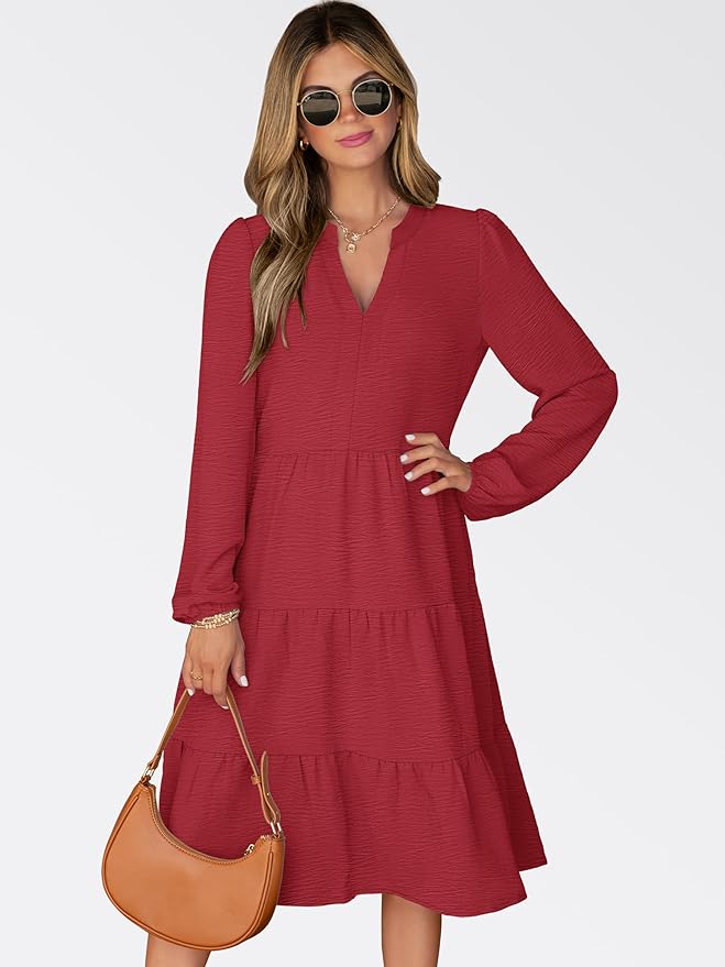 ANRABESS Womens Fall Midi Dresses Long Sleeve V Neck Swing Tiered Work Business Casual 2026 Flowy Beach Vacation Dress
