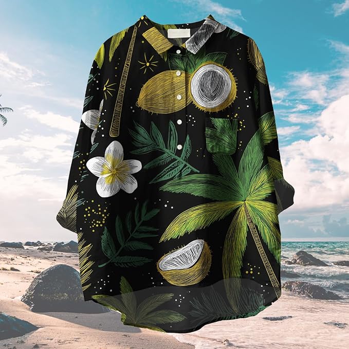 Womens Boho Tops 3/4 Long Sleeve Floral Blouses Hawaii Beach Button Down Shirts V Neck Pullover Casual Tunics
