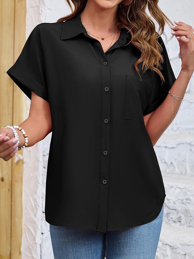 Womens Button Down Shirt Casual Short Sleeve Collared Work Blouse with Pocket