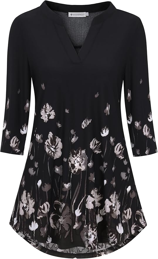 BAISHENGGT 3/4 Sleeve Tops for Women Notch V Neck Floral Work Blouses Dressy Casual Loose Fit Going Out Tunic Tops