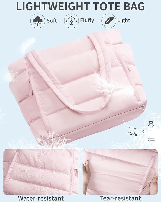 Puffer Tote Bag for Women, Lightweight Puffy Work Handbag Teacher Nurse Quilted Shoulder Bag for School Travel Gym | Quilted, with Zipper, Daily Carry On Bags, Comfy College Bags, 15.6" Laptop Sleeve, Cup Holder Pocket, Portable, Spacious
