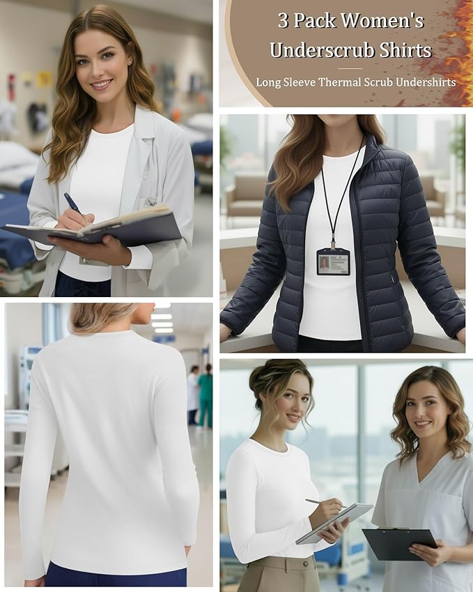 3 Pack Women's Underscrub Shirts Long Sleeve Thermal Scrub Undershirts Nurse Crew Neck Slim Fit Fleece Top Basic Tee