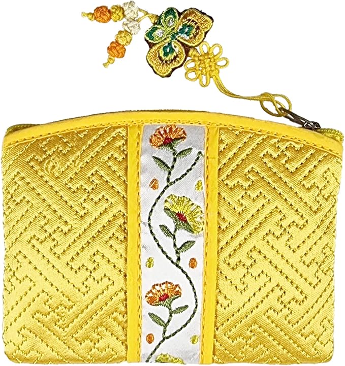 Seoulful Vintage Korean Embroidered Card Pouch - Wildflower Design Coin Purse with Butterfly Charm - Traditional Korean New Year's Gifts (Yellow)