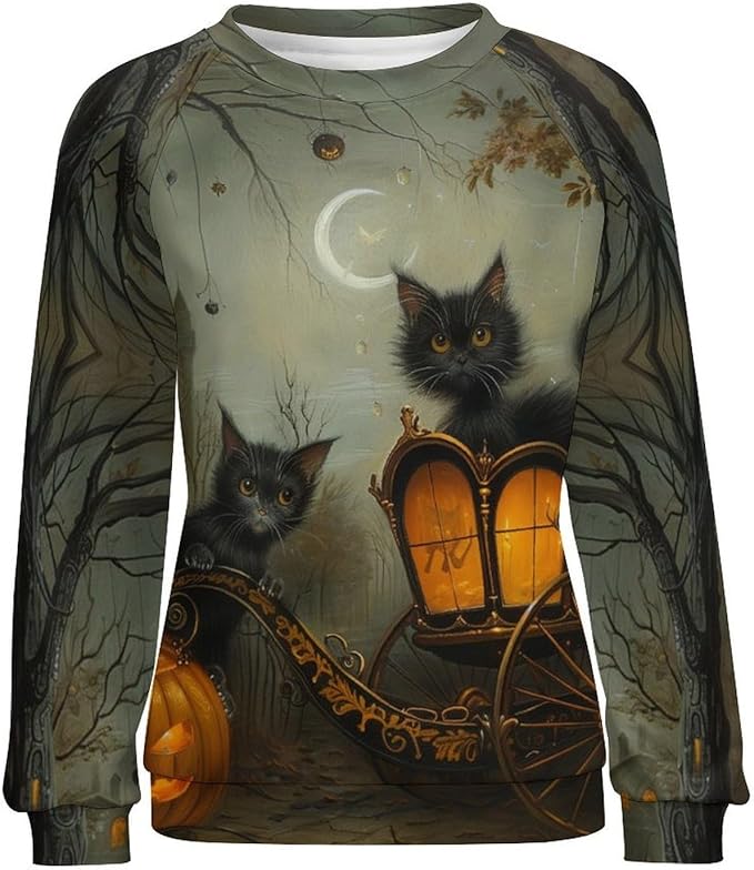 Spatofa Womens novelty funny cat printed crewneck sweatshirt casual loose long sleeve graphic pullover sweatshirts tops