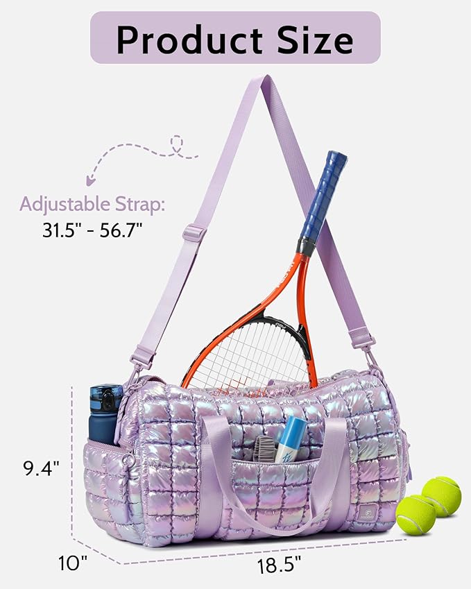 Quilted Duffel Bag for Women, Puffer Gym Duffle Bag with Shoe Compartment Lightweight Large Crossbody Sport Travel Bag Tote Purple Lilac