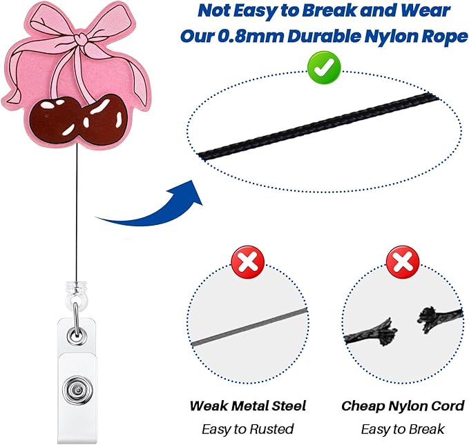 Pink Bow Cherry Badge Reel, Cute Retractable ID Card Badge Holder, Name Tag Work Badge Clip for NICU RN LPN CNA MA ER Night Shift Nurse Nursing Student Pediatric OB/GYN Doctor Teacher, Nurse Gifts
