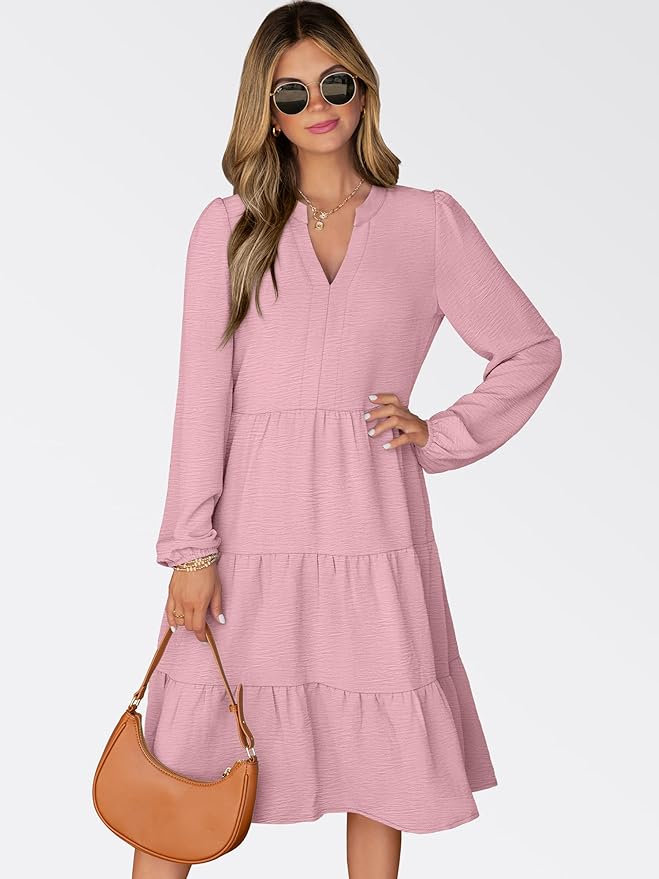 ANRABESS Womens Fall Midi Dresses Long Sleeve V Neck Swing Tiered Work Business Casual 2026 Flowy Beach Vacation Dress