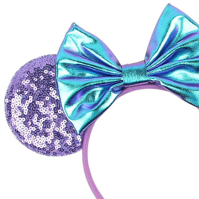 zhezesmila 2 Pcs Shiny Mouse Ears Headbands, Mermaid Mouse Ears headbands with Bow Hairs Accessories for Girls Women Adult Kids Birthday Party