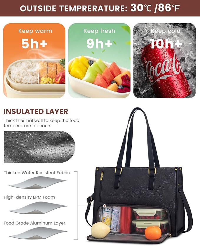 LOVEVOOK Lunch Tote Bag for Women, 17.3 Inch Laptop Bag with Insulated Lunch Compartment, Quilted Large Capacity Computer Handbag with Purse for Business, Work, Nurse, Office, Collage, Casual