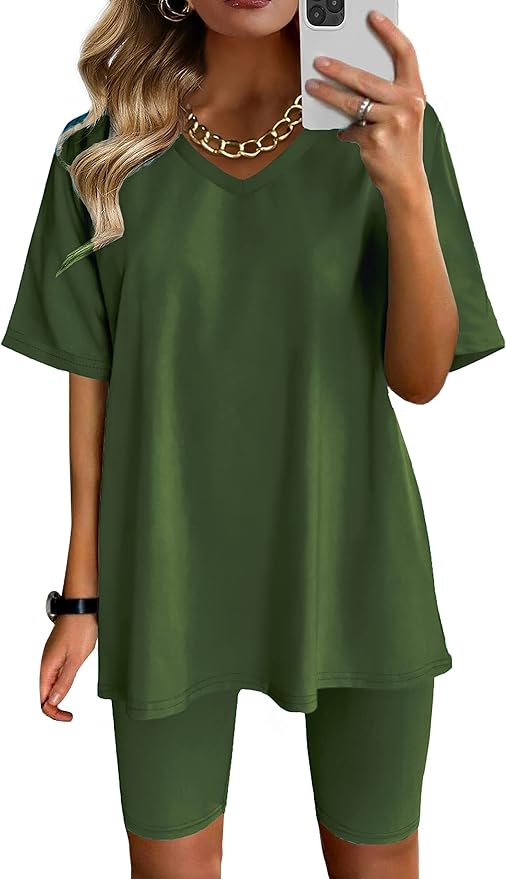 AGSEEM Two Piece Outfits For Women Summer V Neck T-Shirt Tops Biker Shorts Workout Sports Tracksuit