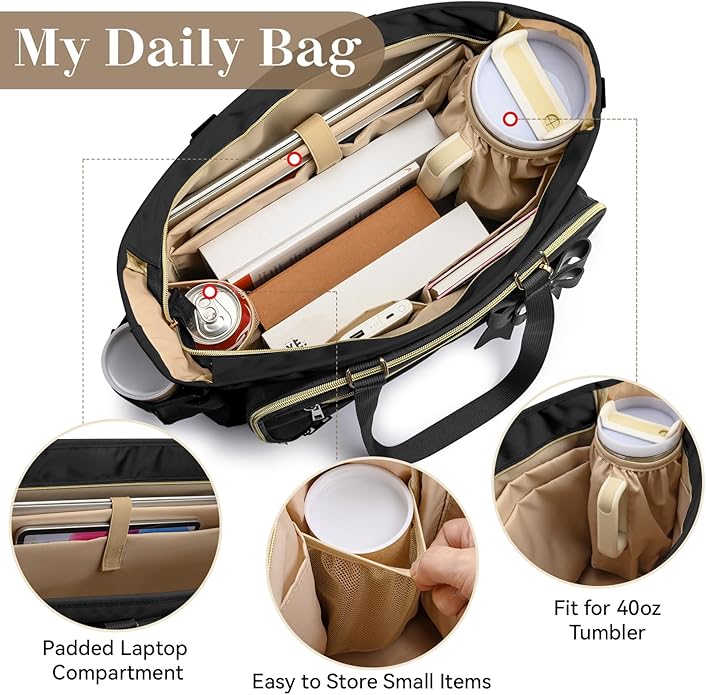 Teacher Tote Bag for Women,Multi-Pocket Laptop & Nurse Work Bag with Cup Holder,Structured Business Briefcase Computer Purse