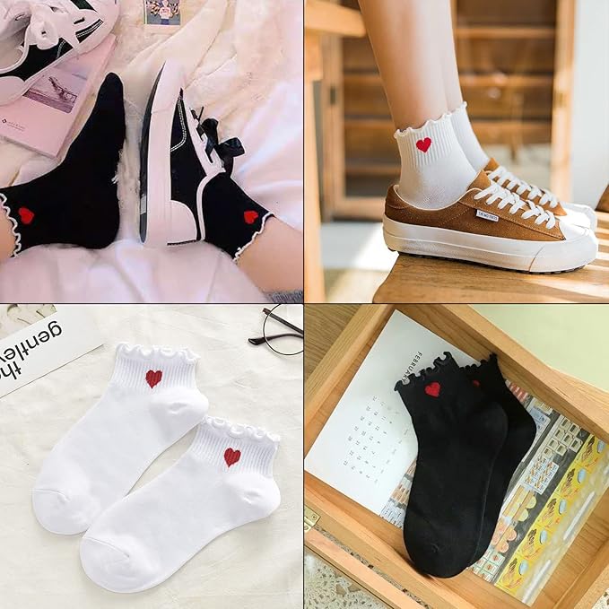 CHUNFO Cute Heart White Red Ankle Women Socks Frilly Fun Bear Pattern Long Crew Novelty Aesthetic Girls Sock 4 & More Pairs