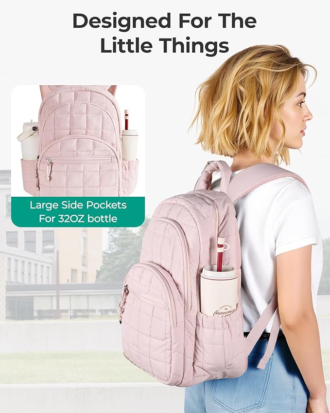 BAGSMART College Laptop Backpack, Travel Laptop Backpack for Women, Quilted Casual Daypack, Water-Resistant Bookbag for 15.6 Inch Laptop, Pink