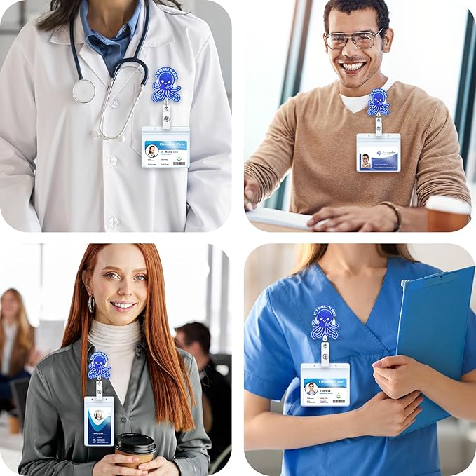I'm FINE Funny Badge Reel, Cute Octopus Retractable ID Card Badge Holder, Name Tag Work Badge Clip for RN LPN CNA MA ER Night Shift Nurse Nursing Student OB/GYN Doctor Teacher, Nurse Gifts