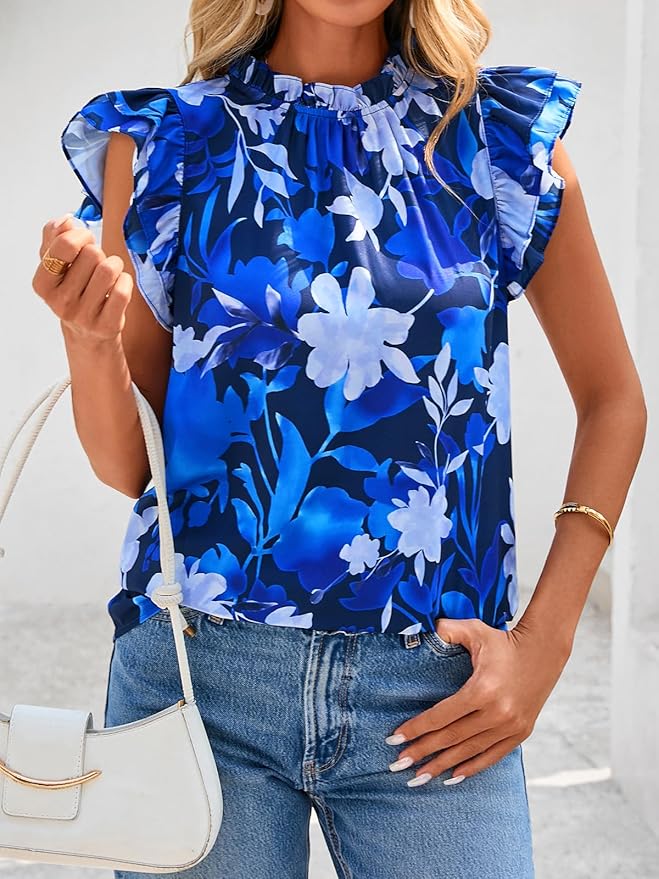 PRETTYGARDEN Women's Ruffle Short Sleeve Summer Tops 2026 Trendy Floral Trim Neck Casual Dressy Chiffon Boho Blouses Shirts