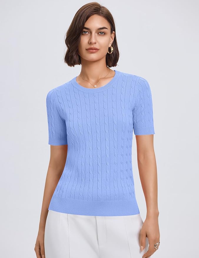 Micoson Womens Short Sleeve Cable Knit Sweater Tops Crewneck Lightweight Spring Summer Shirts Business Dressy Casual Outfits
