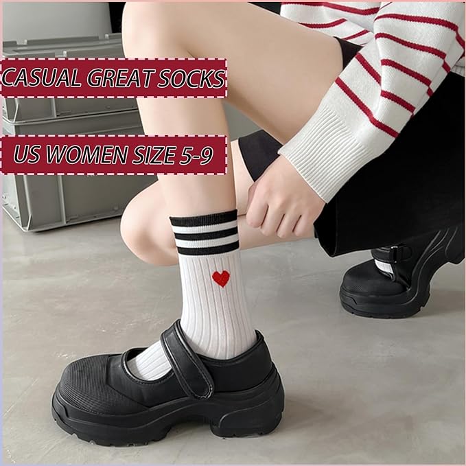CHUNFO Cute Heart White Red Ankle Women Socks Frilly Fun Bear Pattern Long Crew Novelty Aesthetic Girls Sock 4 & More Pairs
