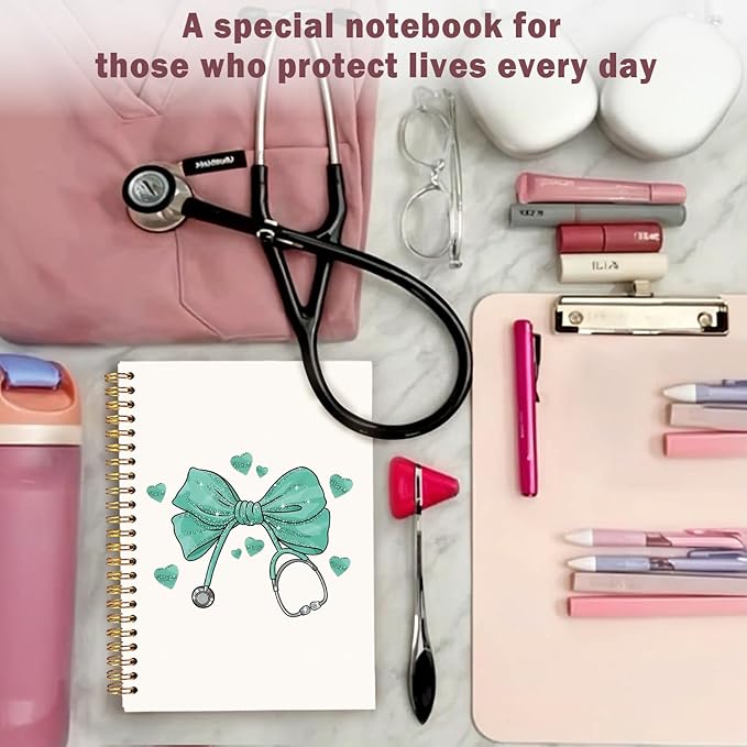 Lacama Bow Nurse Notebook Journal, Green Nursing School Essentials, Nursing Student Graduation Gifts, Nurse Gifts for Women Nurse Appreciation Gift, Coquette Stuff Stethoscope Notebook