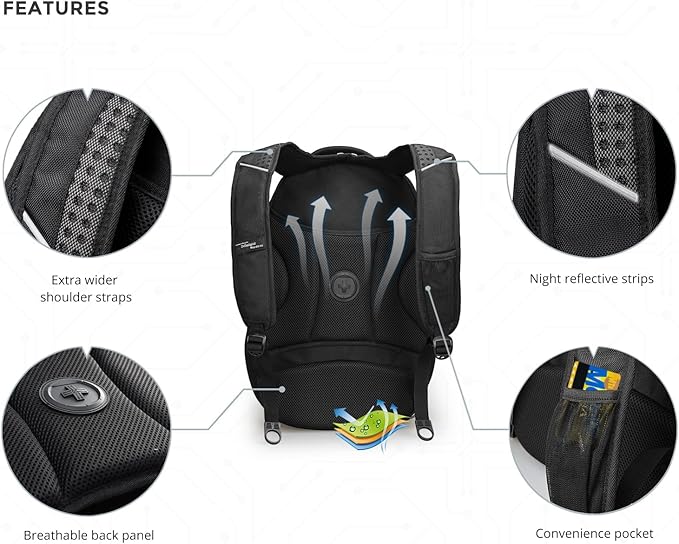 Swissdigital Design Men's Laptop Backpack for College and Business Travel with Integrated USB Charging Port and RFID Protection Fits Laptops up to 15.6 in, Black | J14-BR