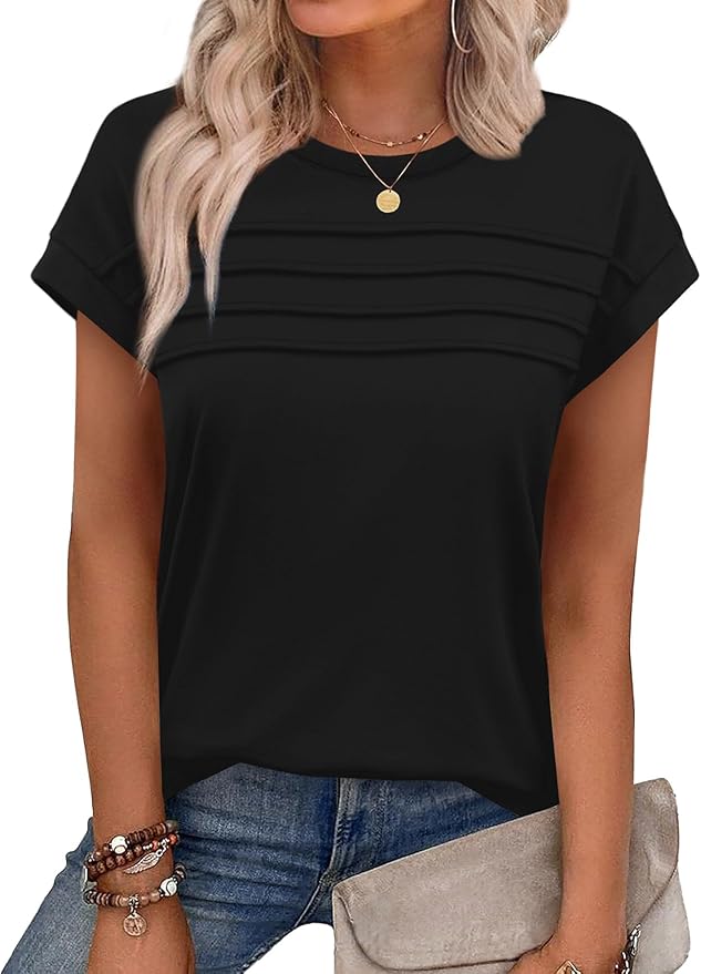 WEESO Womens Summer Tops Trendy 2026 Cap Sleeve T Shirts Crew Neck Pleated Front Beach Vacation Clothes Fashion