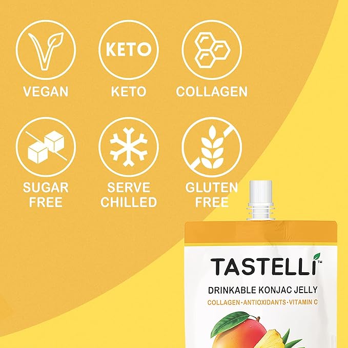 Tastelli Konjac Jelly Infused with Collagen & Vitamin C | Gluten Free, Sugar Free, Low Calorie | Vegan Drinkable Fruit Jelly Snack | Mango Pineapple | 150mL x 10 Pouches
