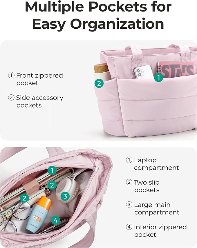 BAGSMART Tote Bag for Women, Lightweight Puffy Tote Bag with Compartments Shoulder Bag Handbag for Travel, Work, Gym | Lightweight, Puffy, Tote Bag with Compartments, Quilted, for Travel, Work