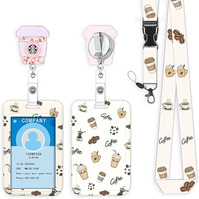 Lanyards for ID Badge Holder Coffee Scrub Cute Badge Reel Teacher Lanyard with ID Holder Name Tag Clip Retractable Keychain Badge Reel Heavy Duty Teacher Nurse Work Office Gifts