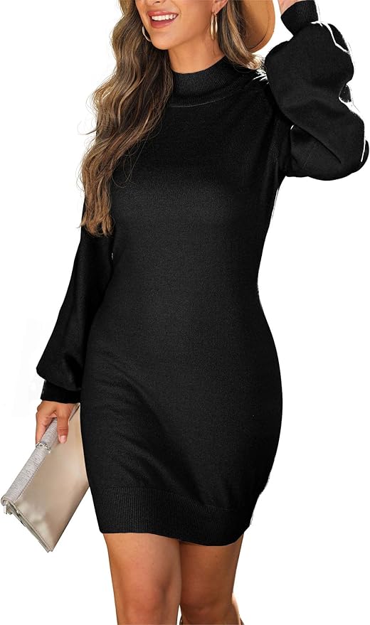GRECERELLE 2026 Women's Mock Neck Ribbed Long Sleeve Bodycon Pullover Cute Mini Sweater Dress (XS-2XL)