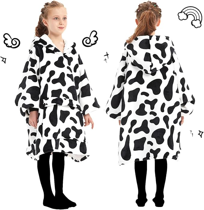 KFUBUO Wearable Blanket Hoodie for Kids Sherpa Patterns Oversized Sweatshirt Blanket With Pocket 6-10 Year Old Girl Boy Birthday Gifts Cow