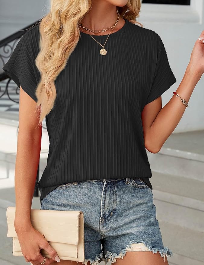 JUSTFASHIONNOW Womens Short Sleeve Blouses Business Casual Tops Crew Neck Basic Tees Textured Work Shirts Cute Office Outfits
