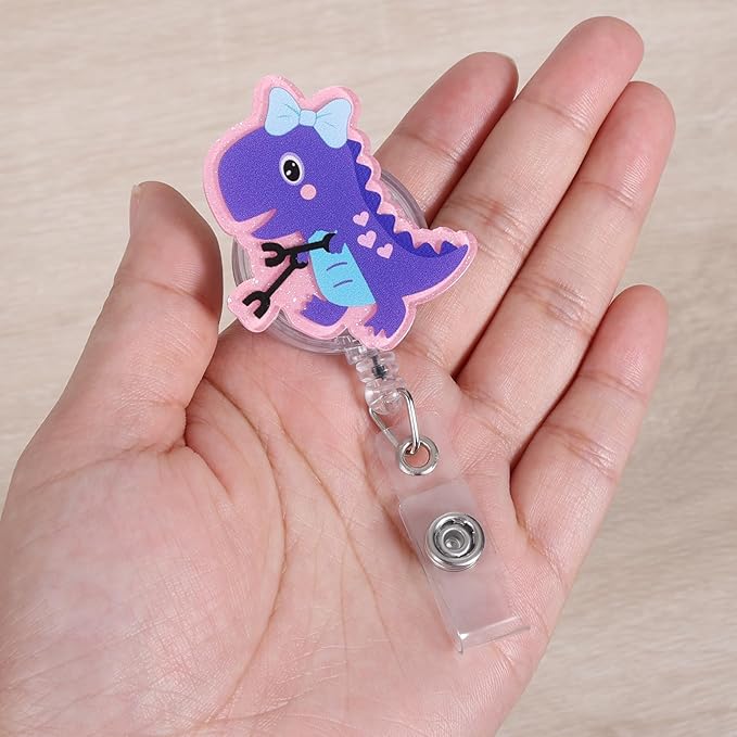 Funny Bow Dinosaur Nurse Badge Reel, Pink Cute Animal Retractable ID Card Pediatric Badge Holder, Name Tag Badge Buddy for RN CNA LPN MA OB/GYN Nurse Nursing Student Doctor Teacher Medical Workers