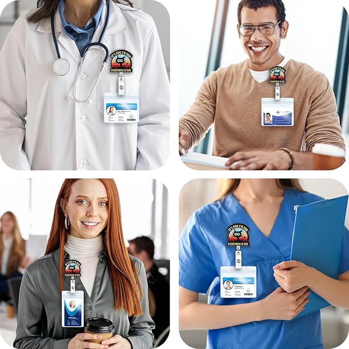 It's Fine I'm Fine Everything is Fine Funny Badge Reel, ID Badge Holder with Retractable Clip, Cute Cat Badge Clip for RN CNA LPN LVN Hospital Medical Worker Doctor Teacher Nursing Student