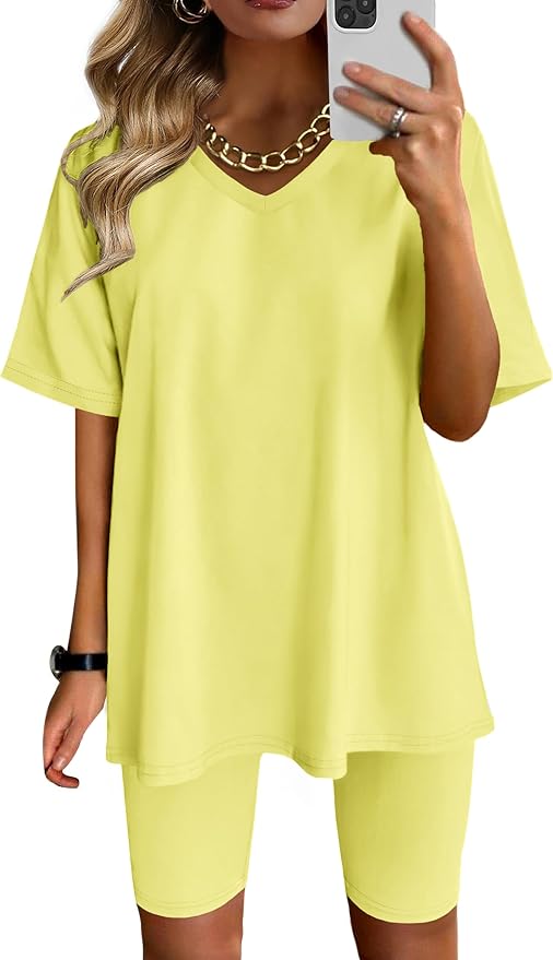 AGSEEM Two Piece Outfits For Women Summer V Neck T-Shirt Tops Biker Shorts Workout Sports Tracksuit