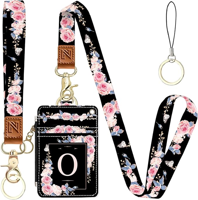 A-Z Letter 2-in-1 ID Badge Holder & Lanyard Wallet for Teachers,Nurse,Professionals-Cute Zippered Coin Pouch,Removable Wristlet & Neck Lanyard,5 Card Slots Stylish Work Essential O