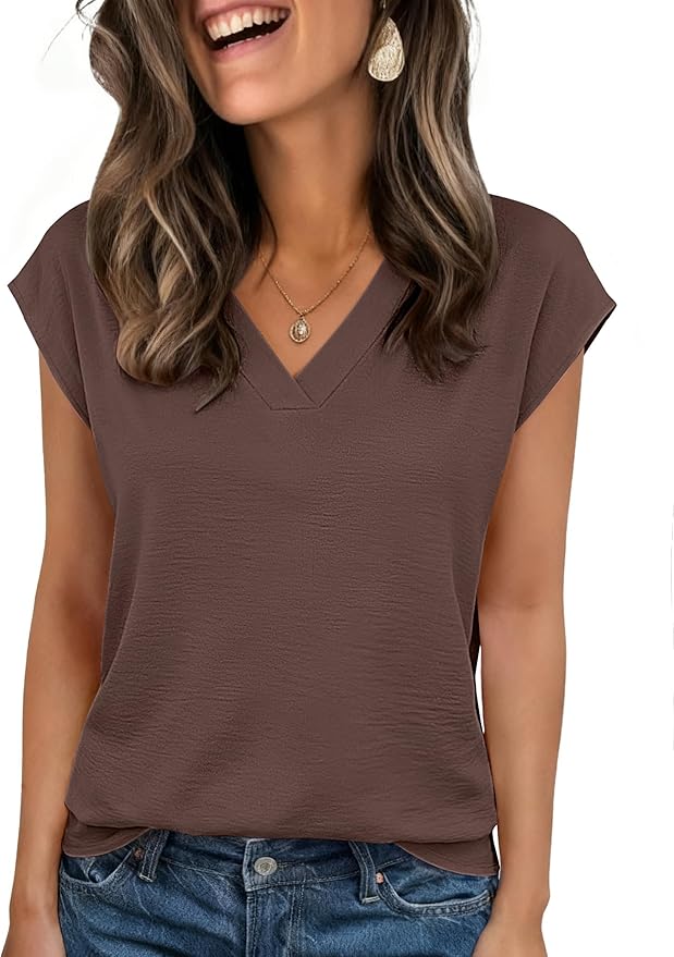 Zeagoo Womens Tops Cap Short Sleeve Textured Blouse V Neck Summer Spring Shirts Business Casual Outfits