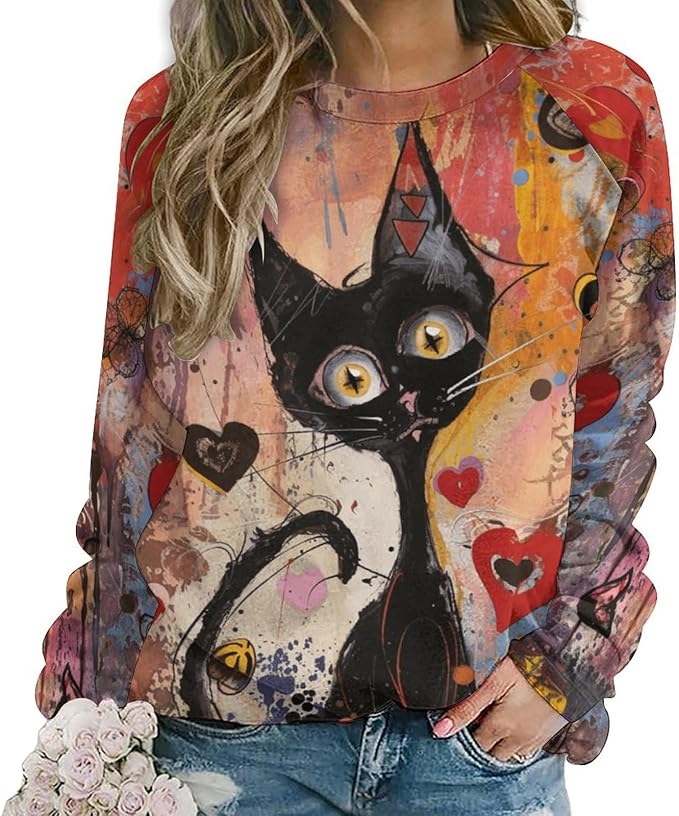 Spatofa Womens novelty funny cat printed crewneck sweatshirt casual loose long sleeve graphic pullover sweatshirts tops