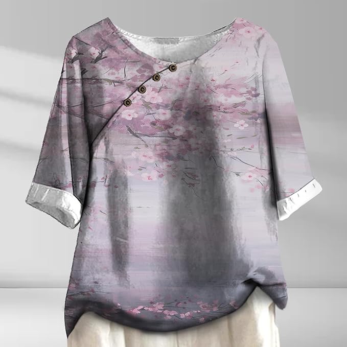 Women's Shirts Dressy Casual Asymmetric Side Button Down Design Tops Summer Loose Fit Crewneck Graphic Tees