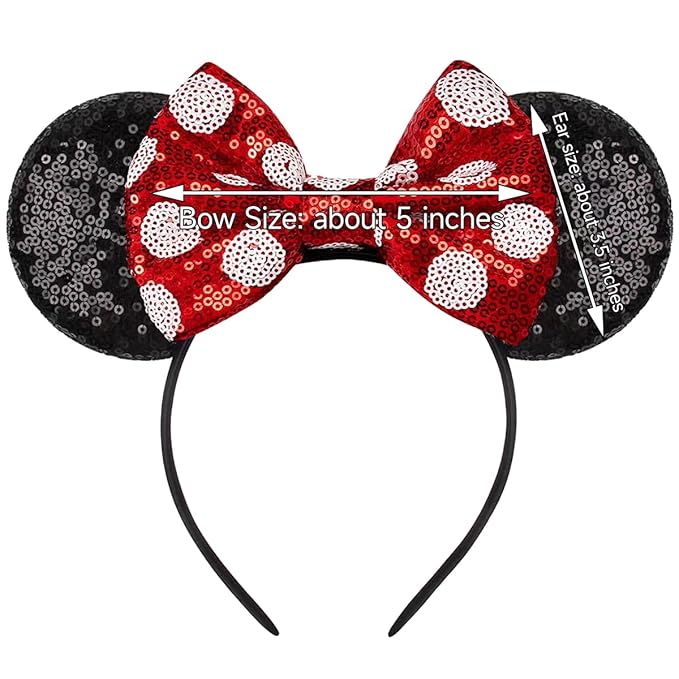 RAZKO Sequin Mouse Ears Headband, Red Polka dot Mice Ears Hairband Princess Headband for Women Girls Hair Accessories (Polka dot)