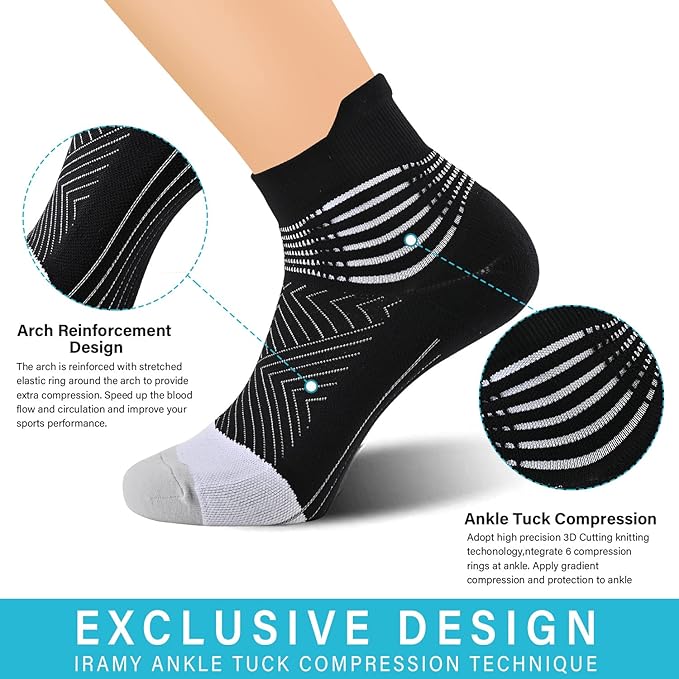 IRAMY Compression Ankle Support Socks Women - Coolmax Wicking, Cushioned Athletic, Plantar Fasciitis Relief 2/3/6 Pairs